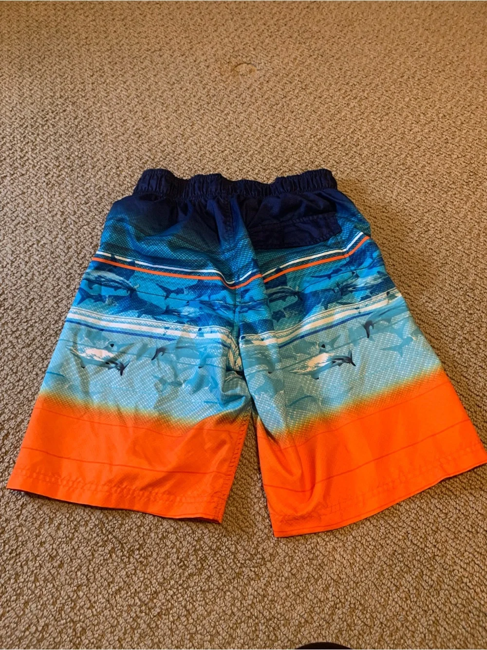 Gerry Teen Orange and Blue Shark-Pattern Swim Trunks Like New